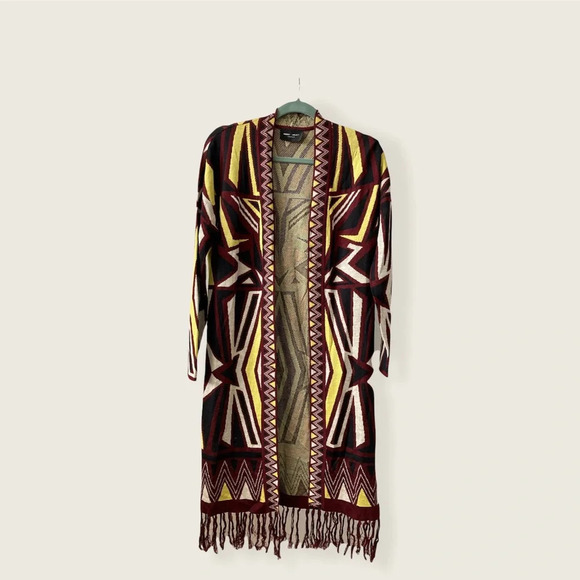 Romeo & Juliet Couture Sweaters - Romeo and Juliet Couture Long Open Cardigan With Fringe Tribal Print OSFM BNWT